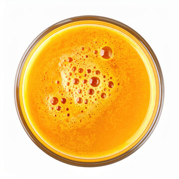 Orange beverage golden liquid glass bowl overhead view foamy surface isolated on white background, creating bright refreshing food and drink concept for menu design and wellness content