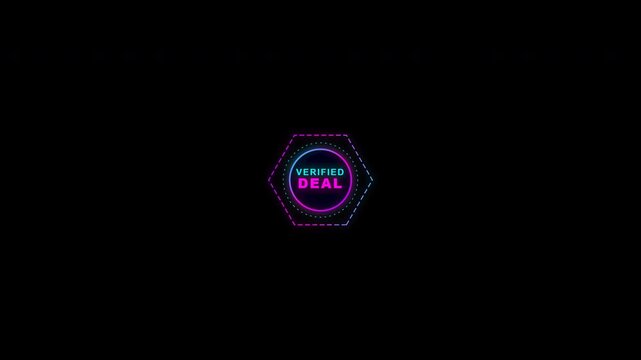 Neon holographic verified deal seal with glowing pink and blue lines on transparent background