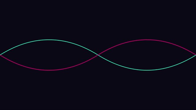 Abstract neon sine wave animation: pulsing teal and magenta oscillating lines on dark 4k background oscillation