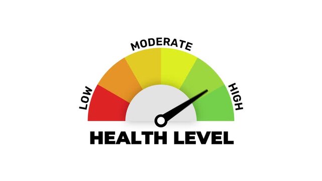 Health Level Gauge Meter Animation with Moving Needle and Low Moderate High Indicators