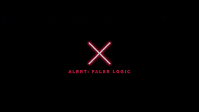 Neon red cross symbol with shaking false logic alert text isolated on transparent background