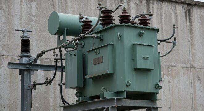 transformer electrical equipment mounted on industrial pole with grey concrete wall
