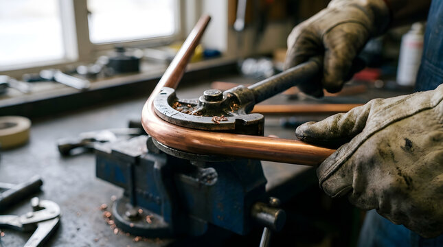 Plumber bends a copper pipe using a manual tube bender clamped securely to a workbench.