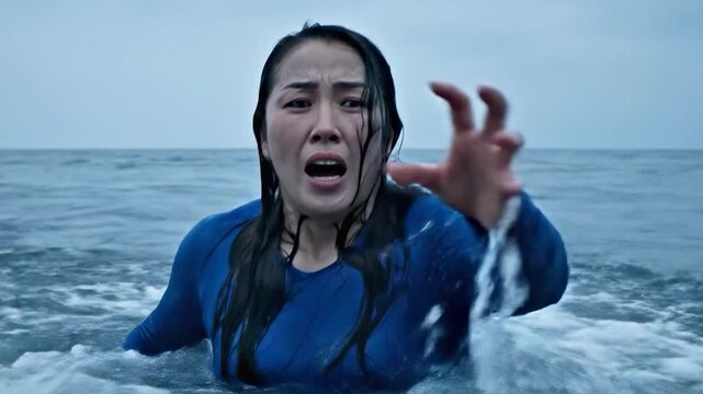 Woman Struggling in Ocean Waves. Asian woman struggling in ocean waves, distressed expression. Sea survival, drowning, emergency situation. Water rescue, maritime disaster, survival at sea.
