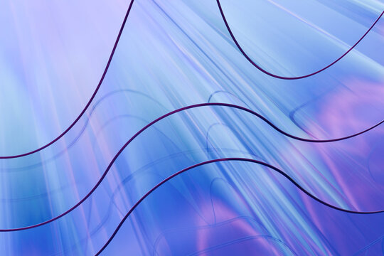 3D render digital backdrop featuring dynamic purple wavy lines over a glowing blue gradient surface. Ideal for modern website headers, tech presentations, corporate banners