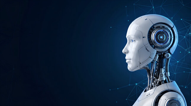 Artificial intelligence robot head in profile against a dark blue background with digital network connections representing future technology and innovation