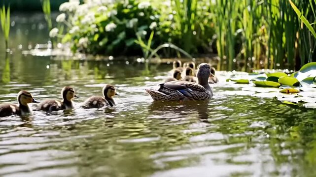 Mallard duck leading her ducklings swimming in a row across a tranquil pond bordered by green reeds.