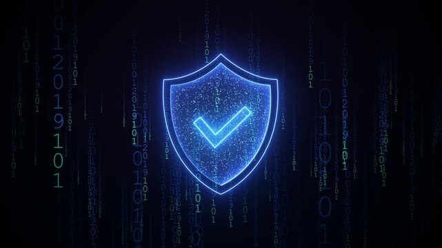 Neon Cybersecurity Shield with Check Mark and Binary Code Animation