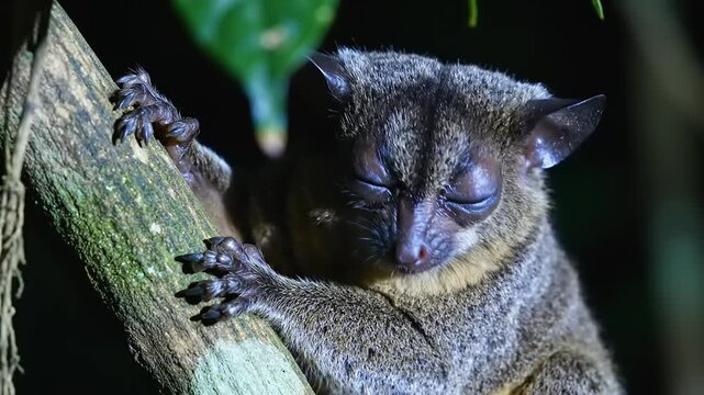 Sulawesi tarsier sleeps peacefully on a mossy tree branch during the dark night in the jungle.