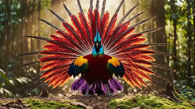 Wilson's bird-of-paradise displays its vibrant red and yellow tail feathers in the tropical rainforest.