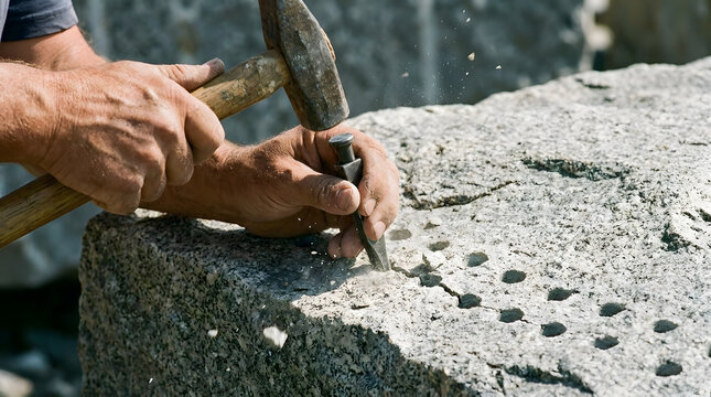 Stonemason carves stone using a hammer and chisel outdoors.