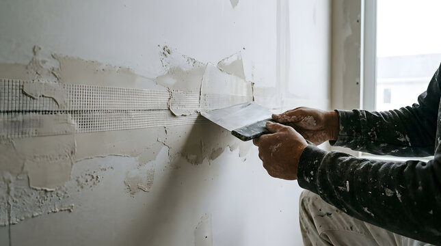 Builder applies plaster to a wall with a trowel during renovation.