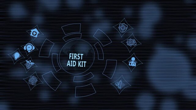 Digital first aid kit medical concept infographic animation featuring glowing blue healthcare and emergency response symbols for hospital, clinic, and safety training presentations