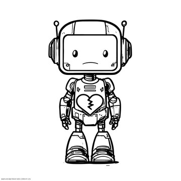 Cute Sad Robot Broken Heart Line Art Illustration