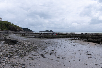 View of underwater oyster farms in Cancale, Brittany, exposed during low tide, raditional sustainable aquaculture and production of premium French oysters, France © barmalini