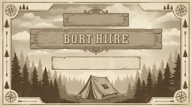 A retro-themed poster or flyer design template for a kids' summer camp featuring a vintage typography style a forest landscape and a tent background evoking adventure and nostalgia for outdoor fun.