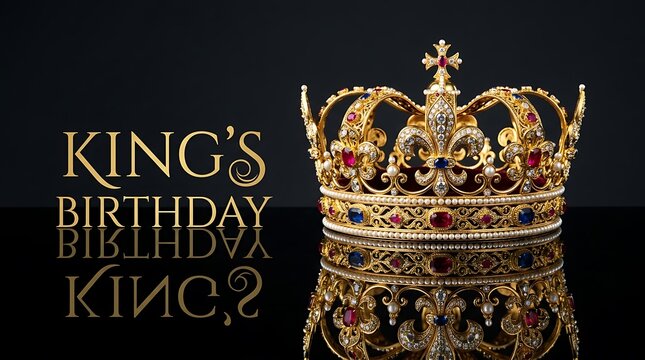 King's Birthday gold crown with jewels on black background. Royal golden crown with rubies and sapphires. Elegant monarch celebration banner.