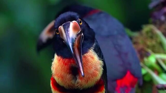 Two Collared Aracari birds perched in a lush tropical rainforest environment.