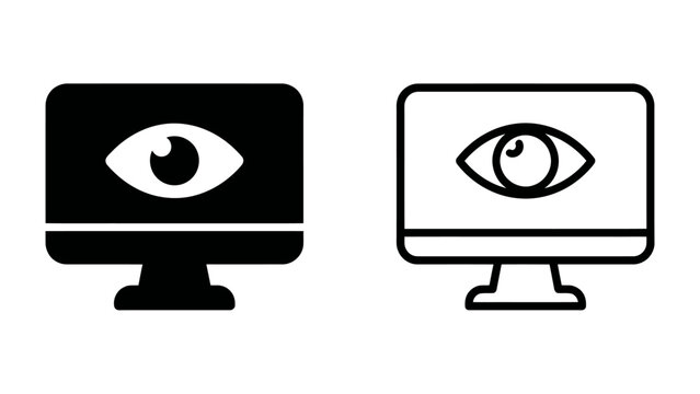 Computer Monitor with Eye Icon: Two computer monitors are displayed side-by-side, one as a solid black silhouette and the other as a white outline. Both feature a prominent eye icon in the center.