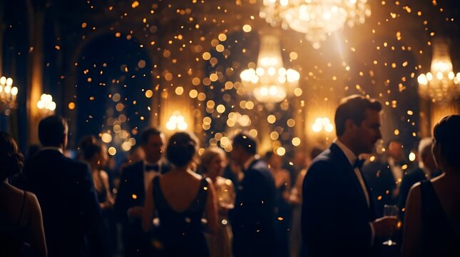 Elegant people in formal attire attending a luxury evening gala in a grand ballroom with golden lights