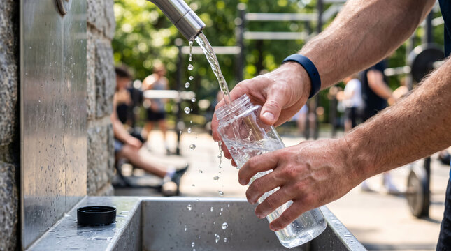 Man filling water bottle at outdoor public fountain after exercise