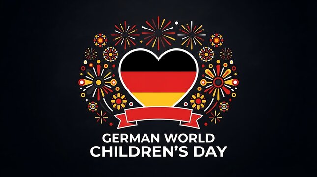 German World Children's Day celebration design. German flag heart in black, red, gold colors inside colorful fireworks frame. Vector poster copy space for holiday