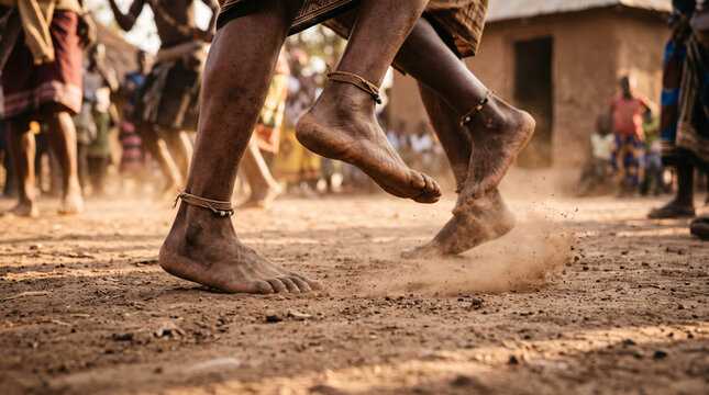African villagers dance barefoot raising dust in a traditional ceremony