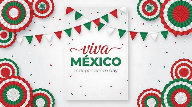 Festive Mexican Independence Day celebration background. Colorful red, green and white party decorations with Confetti. Viva Mexico festive greeting card template.