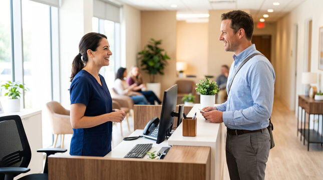 Medical receptionist assisting a patient at the front desk