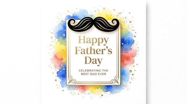 Happy Father's Day greeting card design with retro hipster mustache, colorful watercolor background and celebrating the best dad ever text, vertical layout for fathers, grandfathers