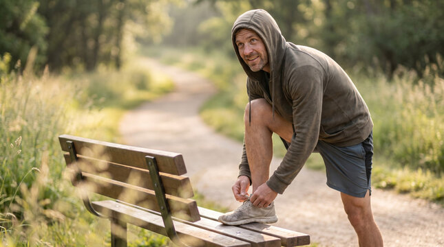 Man tying shoelaces on park bench before outdoor run
