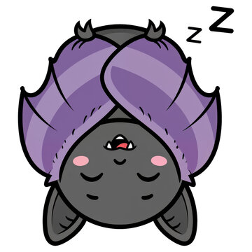 Cute Sleeping Bat: A charming, cartoon-style bat hangs upside down, fast asleep with its wings wrapped around itself, displaying a peaceful and adorable expression.