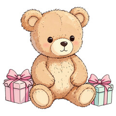 Fototapeta premium Cuddly Teddy Bear with Gifts: An adorable, soft teddy bear sits between two charming gift boxes, radiating warmth and innocence.