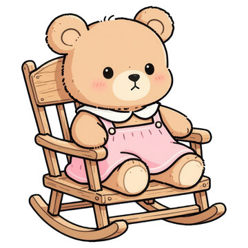 Adorable Teddy Bear on Rocking Chair: A cute and cuddly teddy bear, dressed in a sweet pink pinafore dress and white collar, sits contentedly on a wooden rocking chair, exuding warmth and innocence.