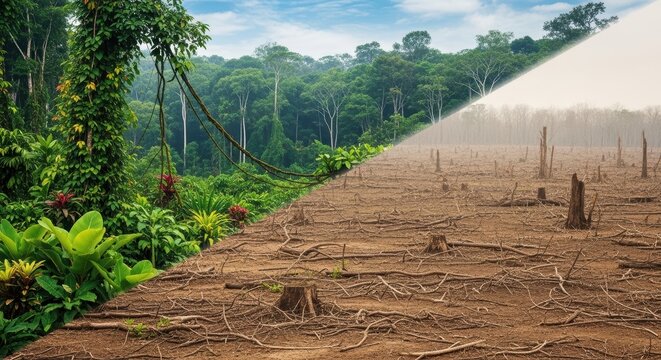 Conceptual split image showing lush tropical rainforest versus barren deforested land with tree stumps and dry soil.