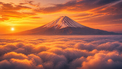 橙色の夕日に染まる富士山と雲海の壮大な夕焼け風景イラスト