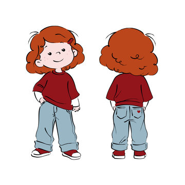 Redhead Girl Character Sketch with Front and Back Views, Hand Drawn Cartoon Child in Oversized T-Shirt and Baggy Jeans