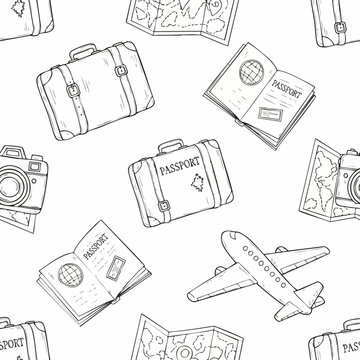 Seamless pattern with hand drawn travel elements including luggage and airplanes.