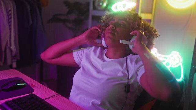 Woman removing gaming headset, leaning back with eyes closed and hands over face beside neon controller sign and computer desk in a studio; fatigue defeat pause.