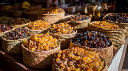 Fototapeta premium Street‑market booth with woven containers filled with assorted grades of amber resin