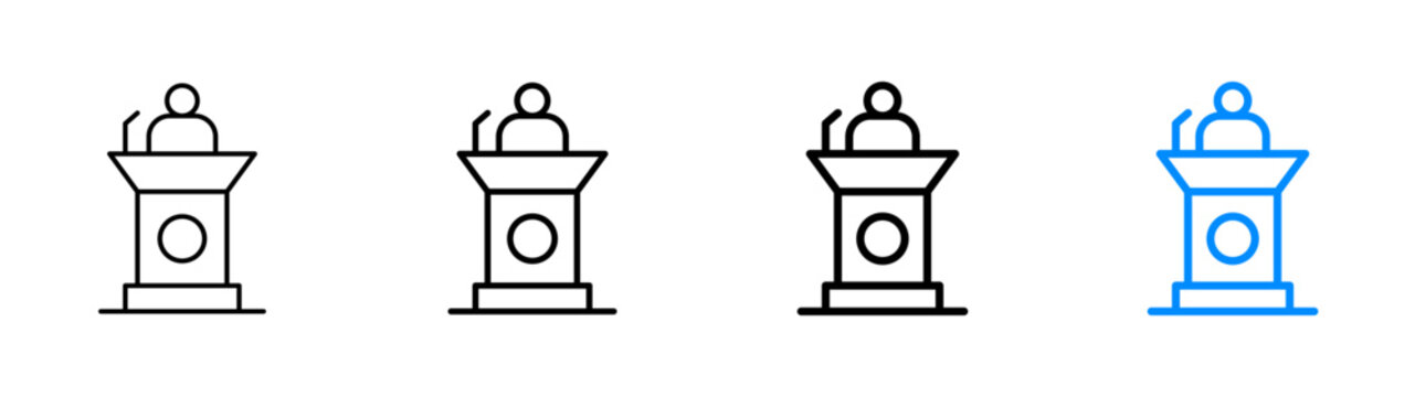 Speaker podium speech conference presentation press linear icon collection design. Editable vector stroke icons