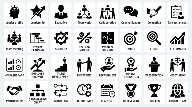 Corporate leadership icons depicting management strategies and teamwork concepts rendered in solid black graphics.