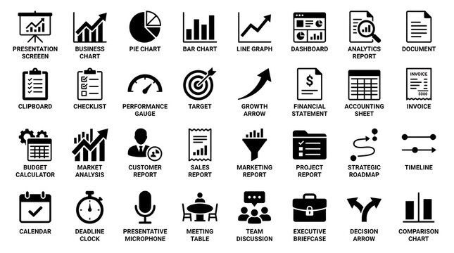 Financial reporting and business performance analytics vector icons illustrate company growth charts and strategic planning.