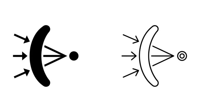 Parabolic Reflector Icon: A simple icon representing a parabolic reflector focusing incoming parallel rays onto a single focal point. Also shows the outline version.