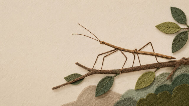 Handmade felt illustration of a walking stick insect perched on a stitched branch with textured leaves in a soft, minimalist woodland composition.