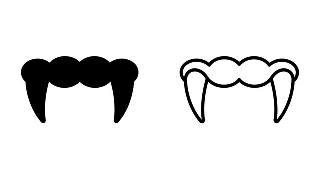 Vampire Fangs Icon: A graphic representation featuring a pair of sharp, elongated vampire fangs in both solid black and outline styles, symbolizing spooky Halloween themes.
