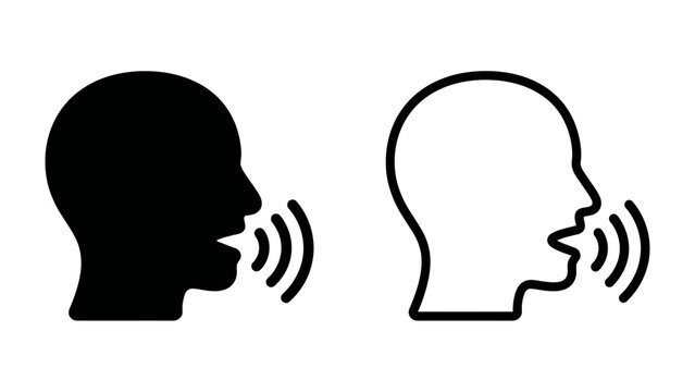 Speech Bubbles Icon: Two profile outlines of human heads, one solid black and one white outline, with sound waves emanating from their open mouths, symbolizing communication, speaking.