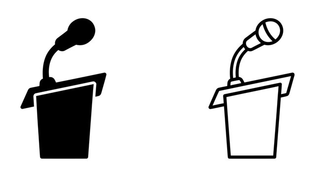 Public Speaking Iconography: A minimalist representation of a podium with a microphone, presented in both solid black and outline styles, signifying public address and discourse.