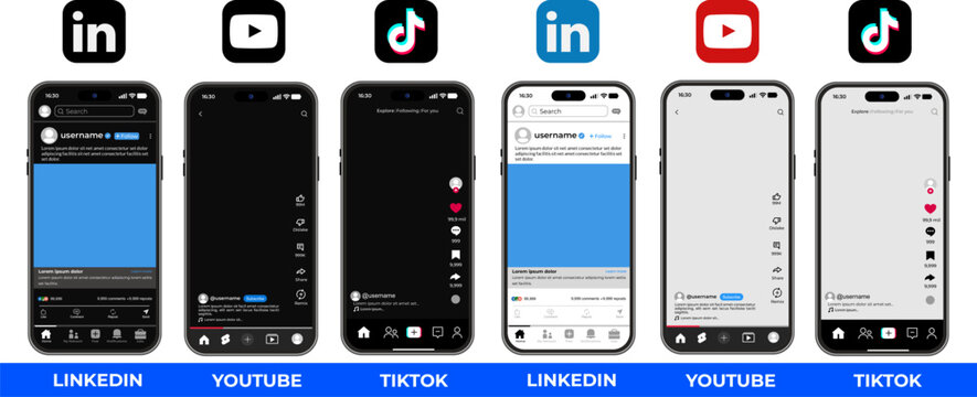 LinkedIn, YouTube, and TikTok templates, featuring interactive features and video streaming, comprehensive vector mockups built for modern digital creators and marketers