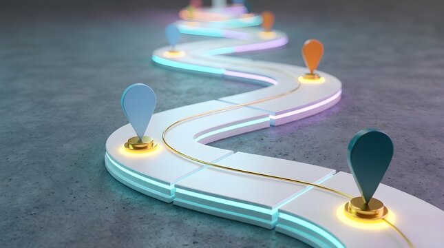 3D Render of a Winding Futuristic Roadmap with Glowing Edges and Map Pins for Business Strategy